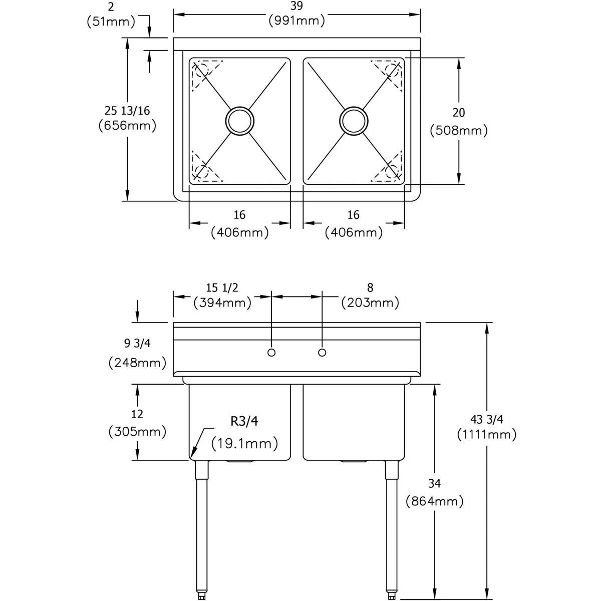 Elkay Stainless Steel 2-Hole 2-Bowl Scullery Sink 