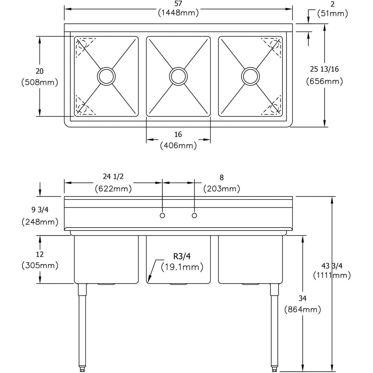 Elkay Stainless Steel 2-Hole 3-Compartment Sink 