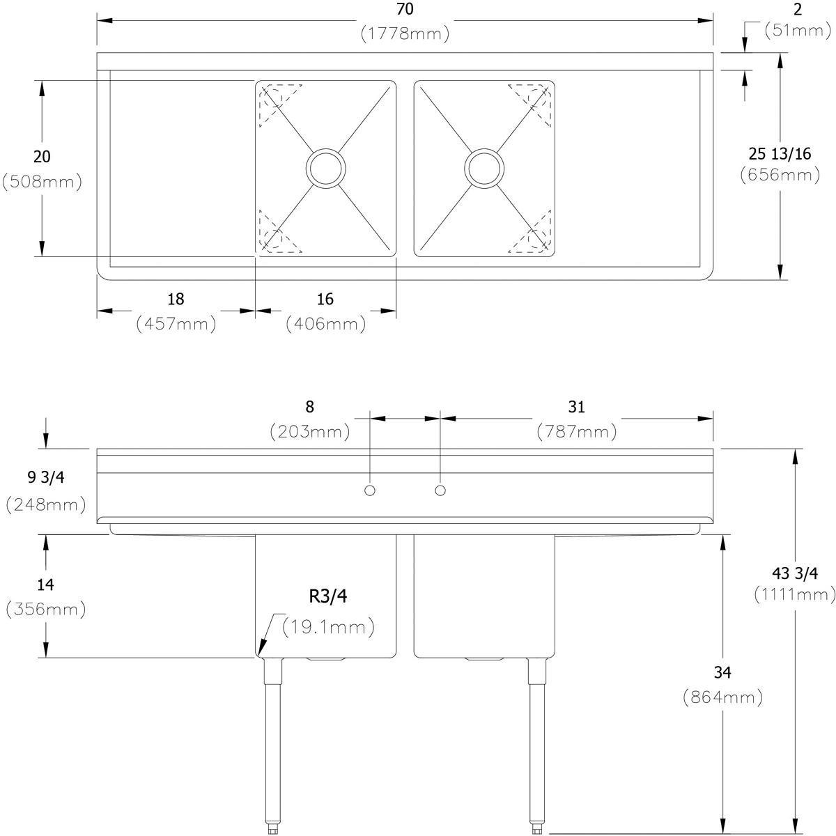 70X26 2 Hole Double Bowl Stainless Steel SCUL SINK 