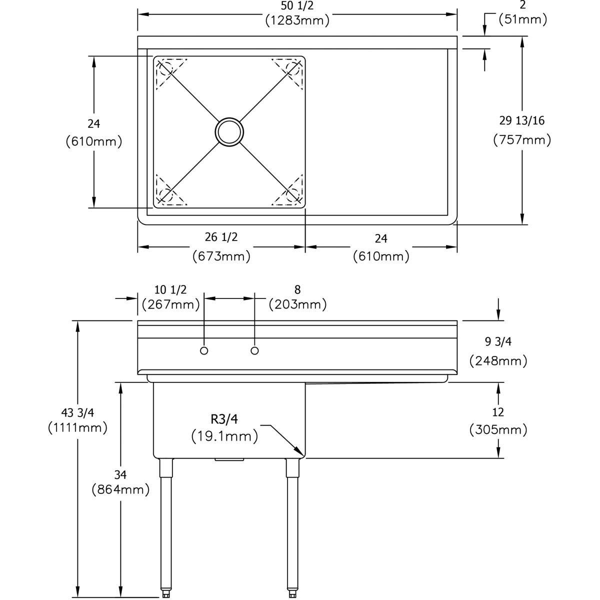 Elkay Stainless Steel 50-1/2 x 29-4/5 in. 1-Bowl 2 Hole Scullery Sink 