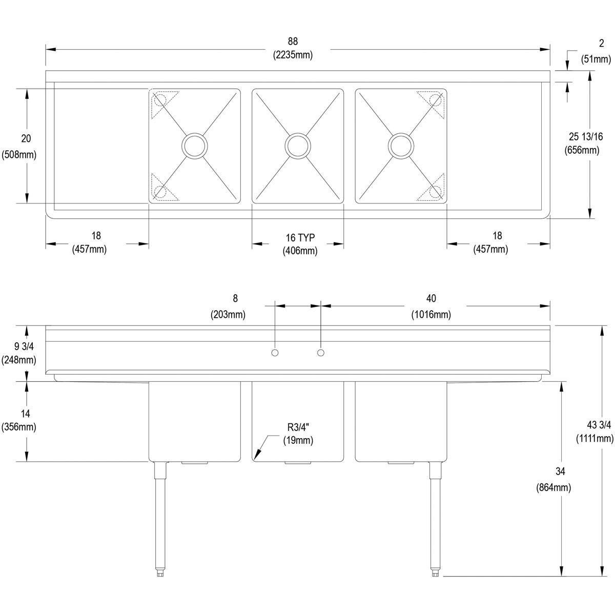 Elkay Stainless Steel 2-Hole 3-Bowl Standard Series Sink 
