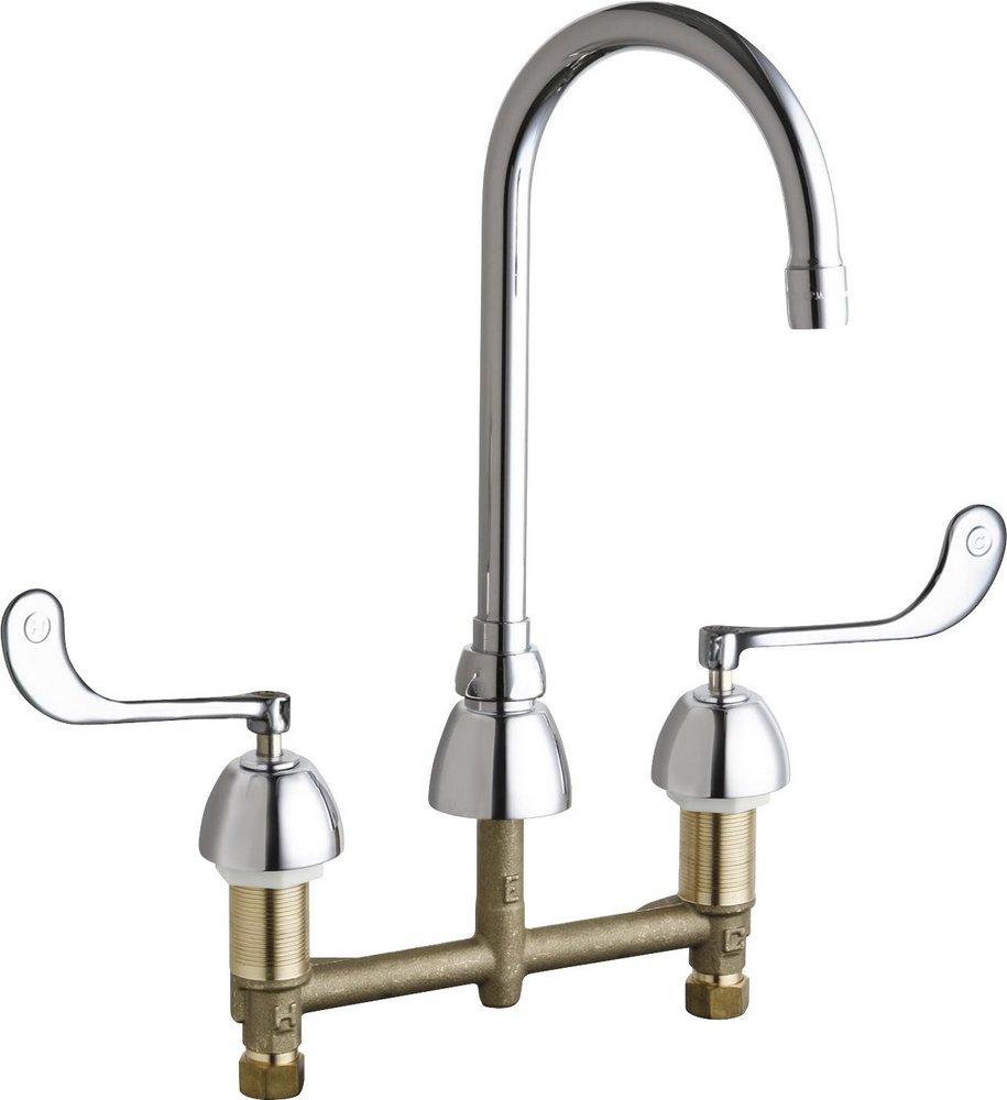 Chicago Faucets Polished Chrome 3-Hole Hot and Cold Water Sink Faucet with Double Elbow Blade Handle 