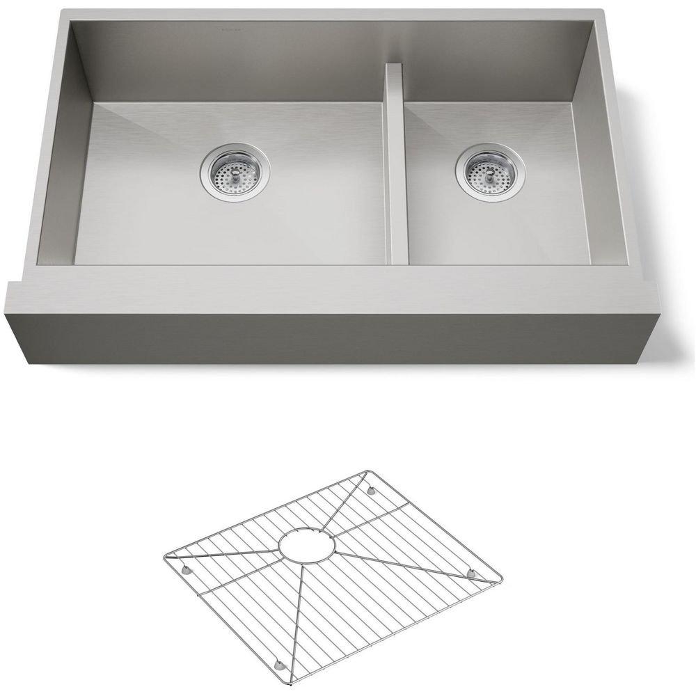 KOHLER Stainless Steel 35-1/2 x 21-1/4 in. No Hole Double Bowl Undermount Kitchen Sink 