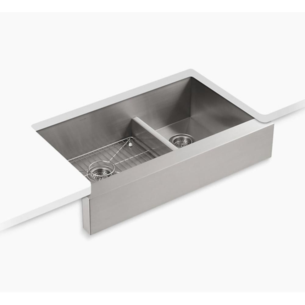 KOHLER Stainless Steel 35-1/2 x 21-1/4 in. Stainless Steel Double Bowl Farmhouse Kitchen Sink with Smart Divide and Sound Dampening - Sink Rack Included 