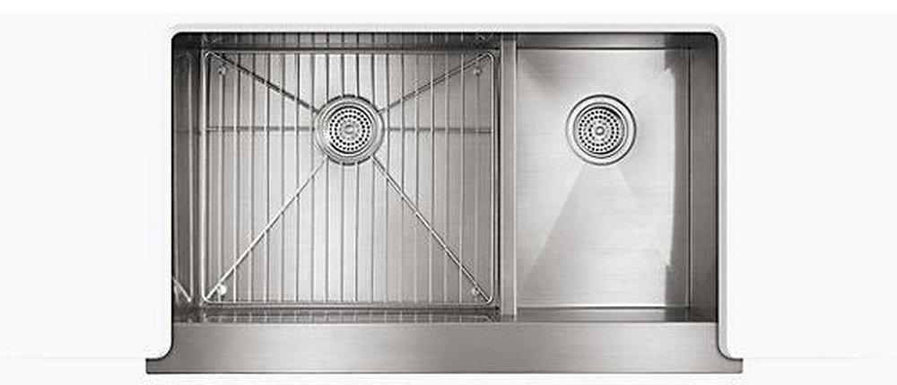 KOHLER Stainless Steel 35-1/2 x 21-1/4 in. Stainless Steel Double Bowl Farmhouse Kitchen Sink with Smart Divide and Sound Dampening - Sink Rack Included 