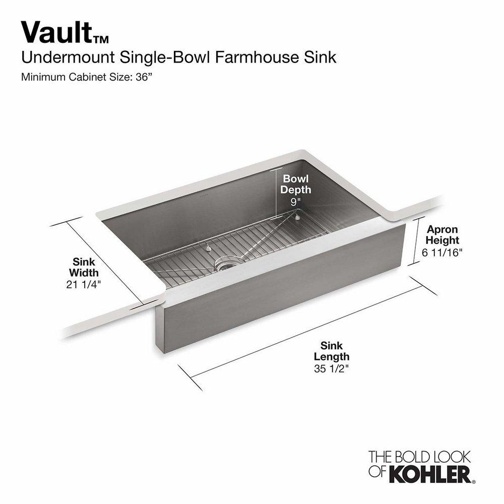 KOHLER Stainless Steel 35-1/2 x 21-1/4 in. Stainless Steel Single Bowl Farmhouse Kitchen Sink with Sound Dampening - Basin Rack Included 