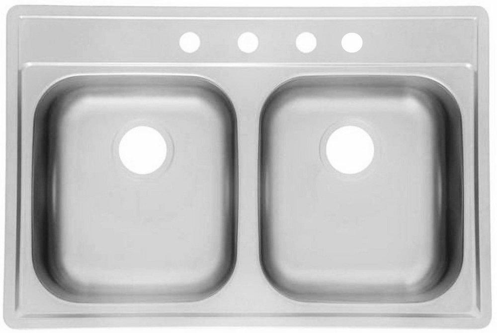 Amerisink Brushed Stainless Steel 33 x 22 in. 4 Hole Stainless Steel Double Bowl Drop-in Kitchen Sink 