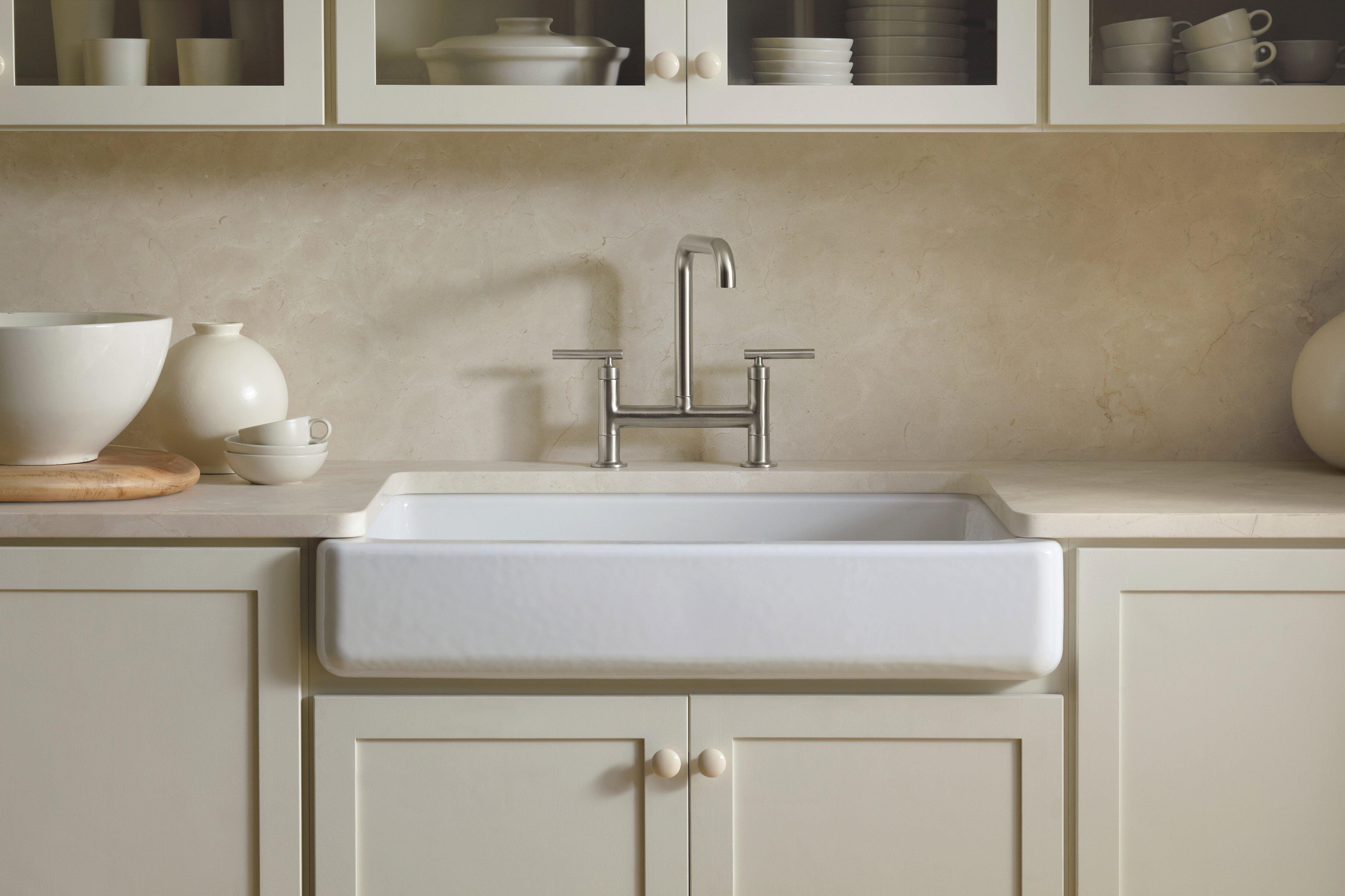 KOHLER White 35-1/2 x 21-9/16 in. Cast Iron Single Bowl Farmhouse Kitchen Sink with Short Apron 