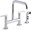 Two Handle Bridge Kitchen Faucet with Side Spray in Polished Chrome