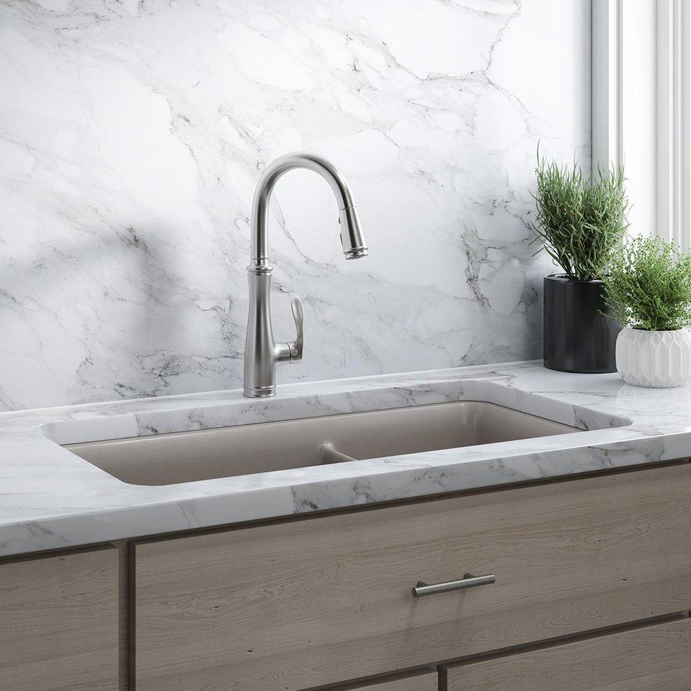 KOHLER Vibrant Stainless Single Handle Pull Down Kitchen Faucet with Three-Function Spray, Magnetic Docking and Sweep Spray Technology 