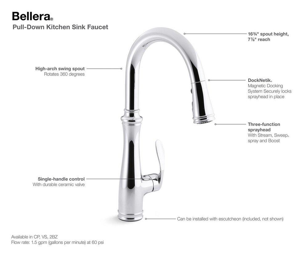KOHLER Vibrant Stainless Single Handle Pull Down Kitchen Faucet with Three-Function Spray, Magnetic Docking and Sweep Spray Technology 