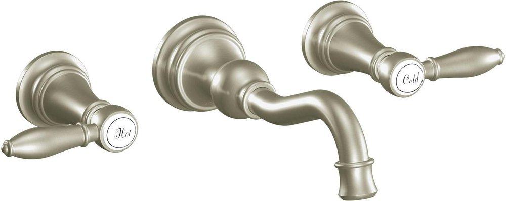 Moen Brushed Nickel Two Handle Wall Mount Widespread Bathroom Sink Faucet 