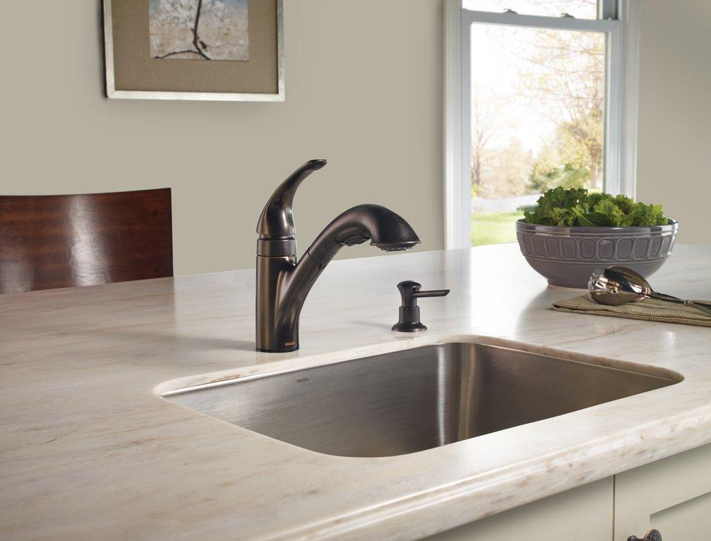 Moen Mediterranean Bronze 1.5 gpm Single Lever Handle Deckmount Kitchen Sink Faucet 3/8 in. Compression Connection 