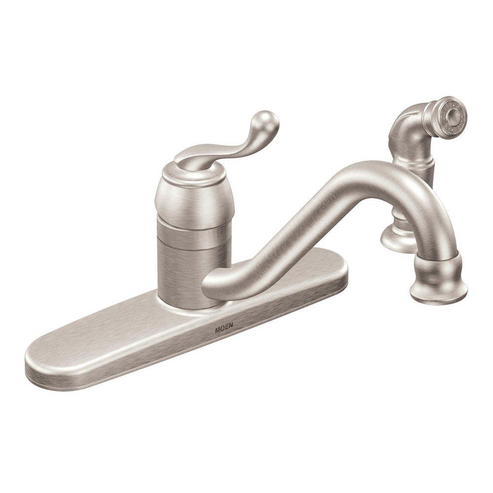 Moen Spot Resist&reg; Stainless Steel 4-Hole Swivel Kitchen Faucet with Single Lever Handle Sidespray 