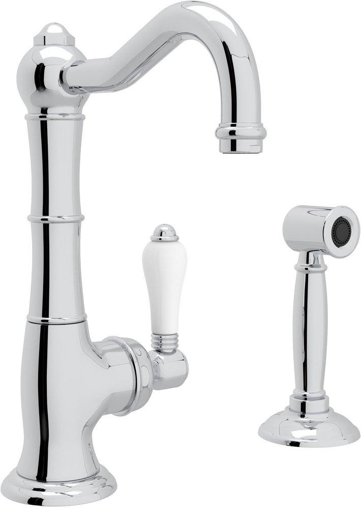 ROHL&reg; Polished Chrome 1-Hole Kitchen Faucet with Single Porcelain Lever Handle and Sidespray 
