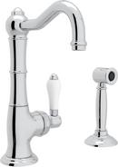 1-Hole Kitchen Faucet with Single Porcelain Lever Handle and Sidespray in Polished Chrome