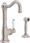 ROHL&reg; Satin Nickel 1-Hole Kitchen Faucet with Single Porcelain Lever Handle and Sidespray 