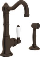 ROHL&reg; Tuscan Brass 1-Hole Kitchen Faucet with Single Porcelain Lever Handle and Sidespray 