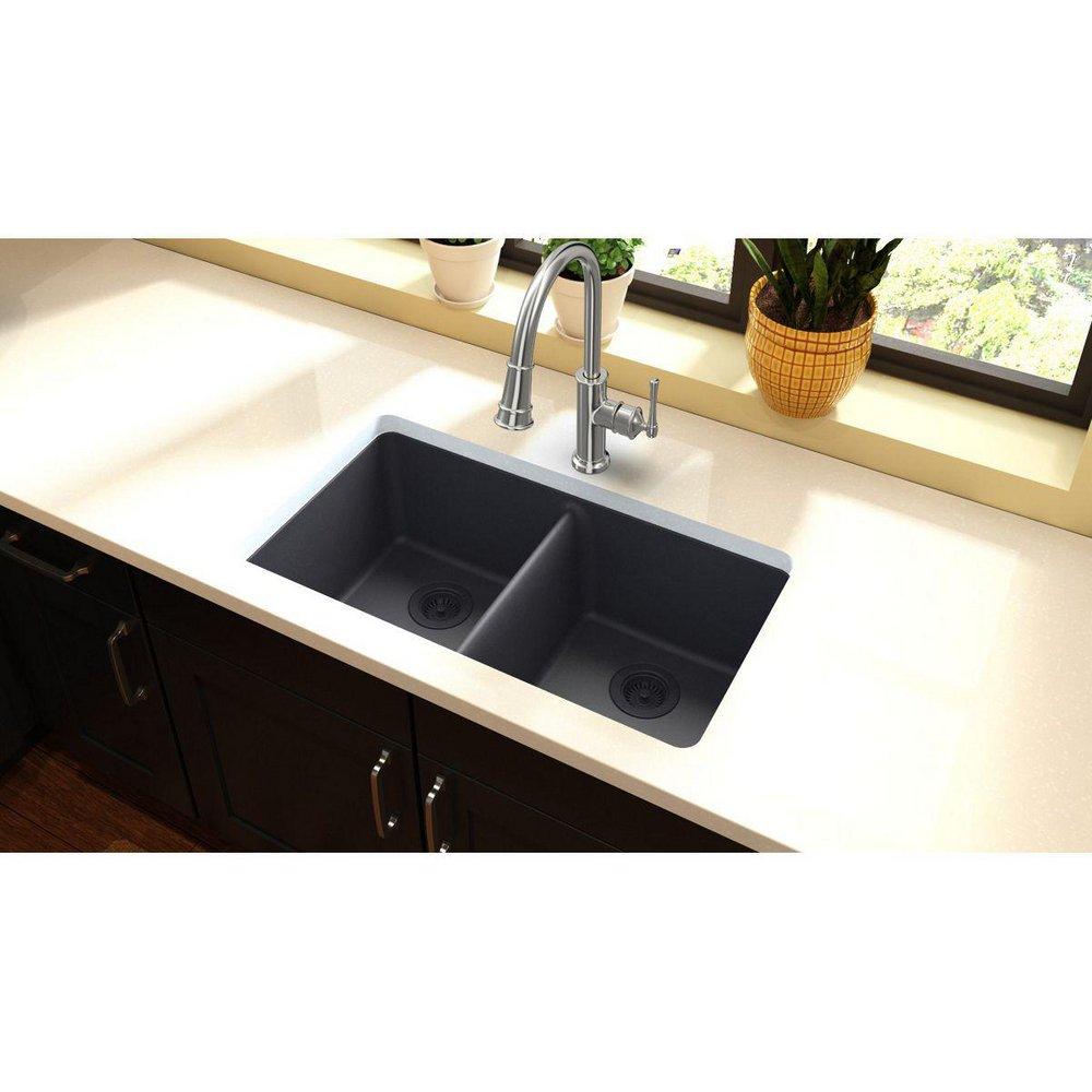 Elkay Dusk Grey 33 x 18-1/2 in. No Hole Composite Double Bowl Undermount Kitchen Sink 