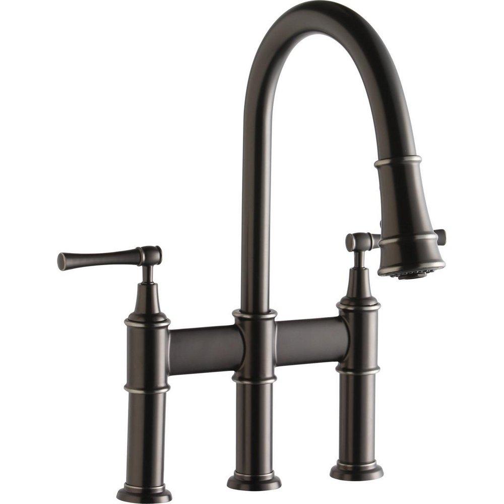 Elkay Antique Steel Two Handle Pull Down Bridge Kitchen Faucet 