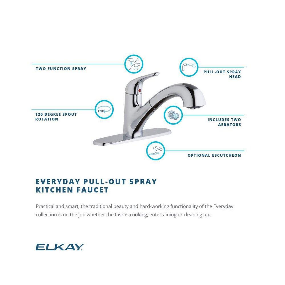 Elkay Lustrous Steel Single Handle Pull Out Kitchen Faucet 