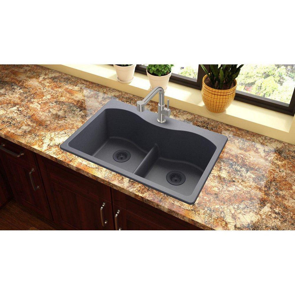 Elkay Dusk Grey 33 x 22 in. No Hole Composite Double Bowl Drop-in Kitchen Sink 