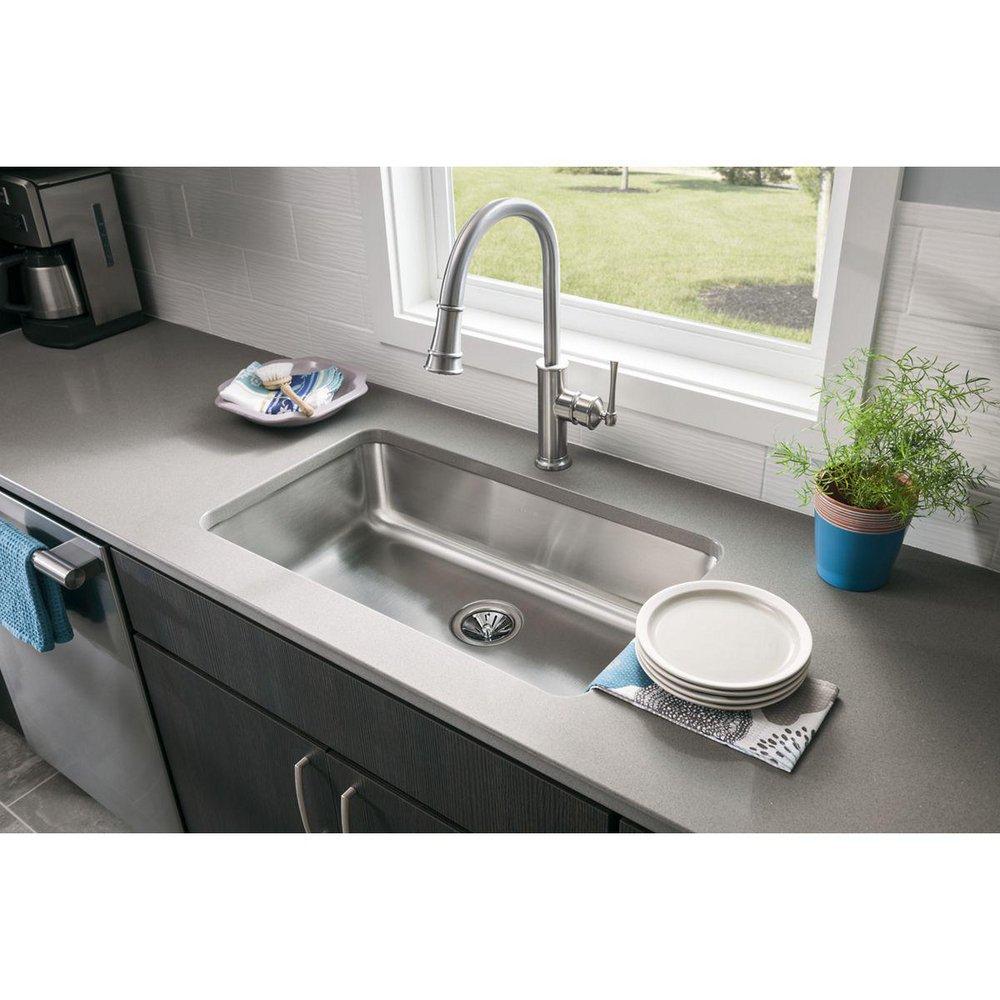 Elkay Lustrous Steel Single Handle Pull Down Kitchen Faucet 