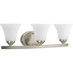 100W 3-Light Vanity Light Fixture with Fluted Glass Shades on a Curving Frame in Brushed Nickel