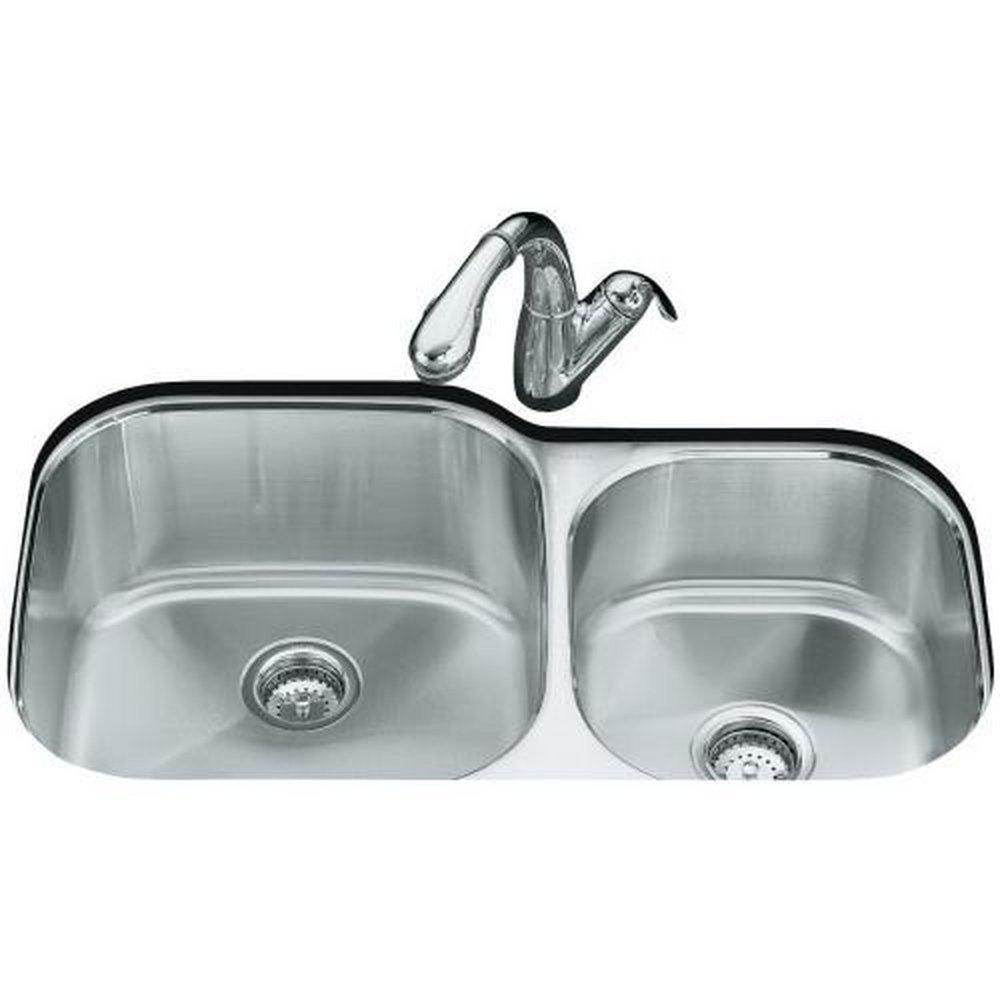KOHLER Stainless Steel 35-1/8 x 20-1/8 in. Stainless Steel Double Bowl Undermount Kitchen Sink with Sound Dampening 