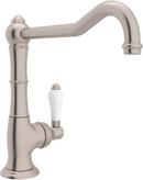 1-Hole Kitchen Faucet with Single Porcelain Lever Handle and Extended Spout in Satin Nickel