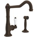 1-Hole Kitchen Faucet with Single Porcelain Lever Handle, Sidespray and Extended Spout in Tuscan Brass