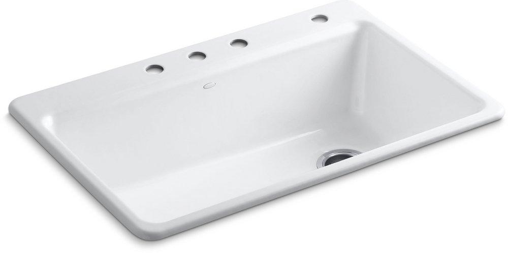KOHLER White 33 x 22 in. 4 Hole Cast Iron Single Bowl Drop-in Kitchen Sink 