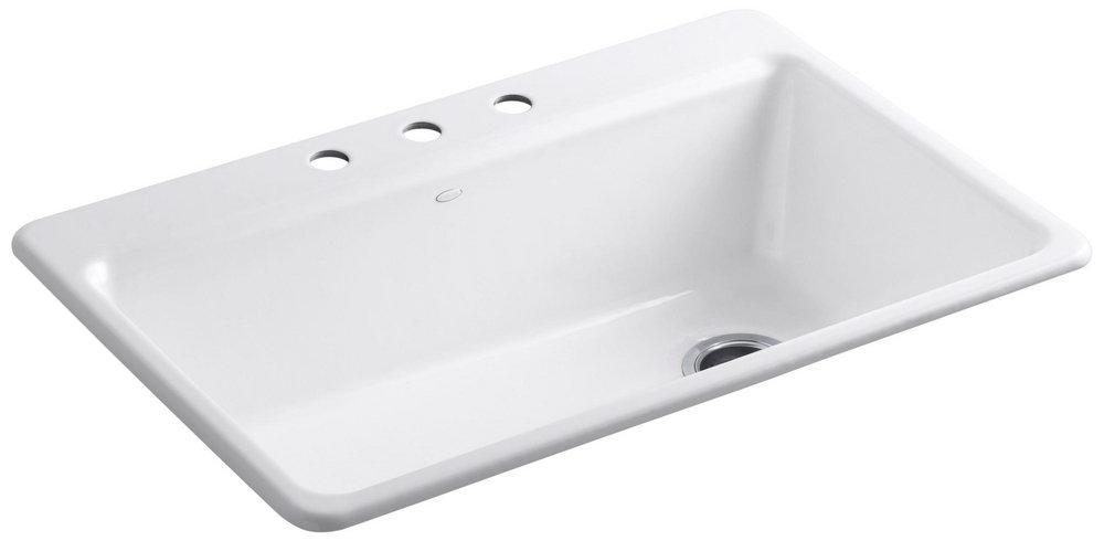 KOHLER White 33 x 22 in. 3 Hole Cast Iron Single Bowl Drop-in Kitchen Sink 