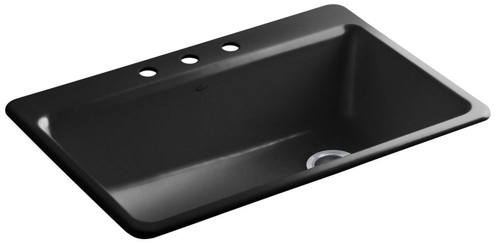 KOHLER Black Black&trade; 33 x 22 in. 3 Hole Cast Iron Single Bowl Drop-in Kitchen Sink 