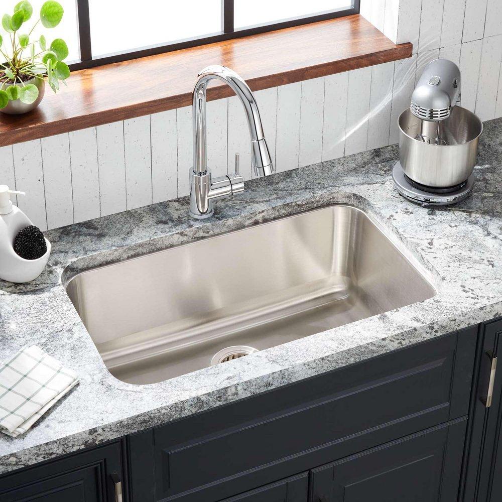 Signature Hardware Brushed Stainless Steel 29-3/4 x 18 in. Stainless Steel Single Bowl Undermount Kitchen Sink with Sound Dampening 
