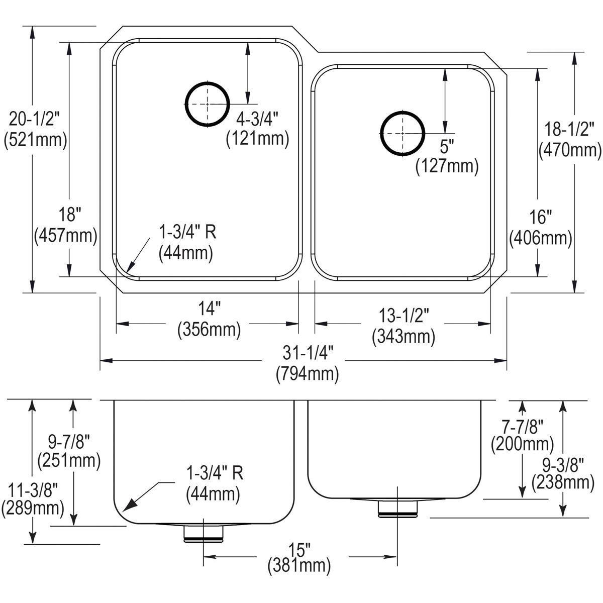 Elkay Lustrous Satin 31-1/4 x 20-1/2 in. No Hole Stainless Steel Double Bowl Undermount Kitchen Sink 