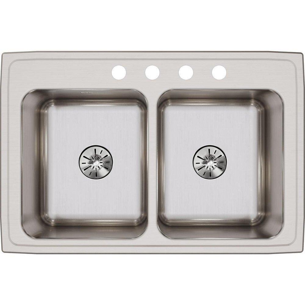 Elkay Lustrous Satin 33 x 22 in. 4 Hole Double Bowl Self-Rimming or Drop-In Stainless Steel Kitchen Sink with Center Drain 