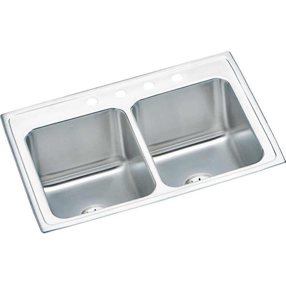 Elkay Lustrous Satin 33 x 22 in. 4 Hole Double Bowl Self-Rimming or Drop-In Stainless Steel Kitchen Sink with Center Drain 