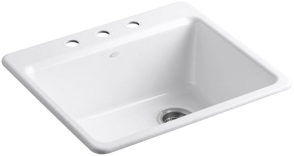 KOHLER White 25 x 22 in. 3 Hole Cast Iron Single Bowl Drop-in Kitchen Sink 