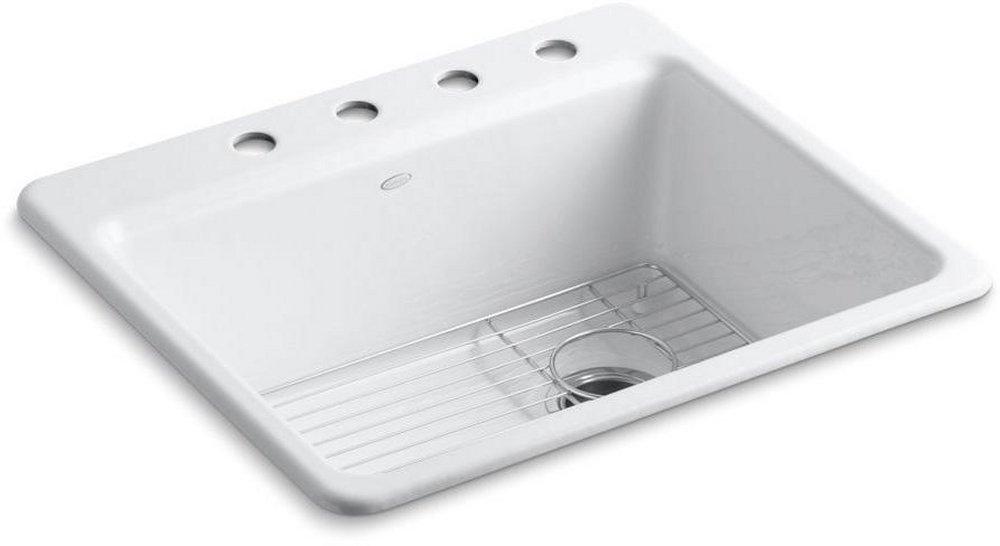 KOHLER White 25 x 22 in. 4 Hole Cast Iron Single Bowl Drop-in Kitchen Sink 