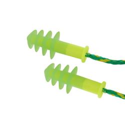 30 dB Corded Plastic Reusable Ear Plugs in Green with Yellow