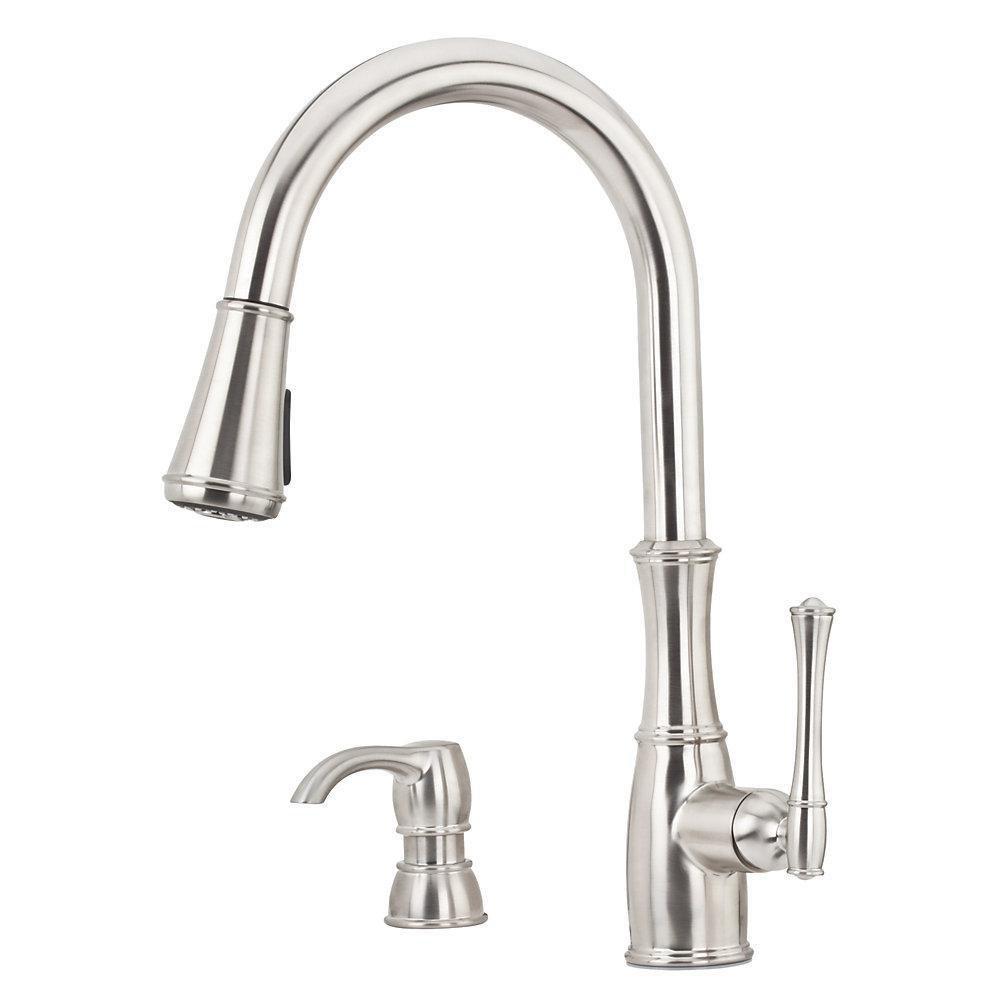 Pfister Stainless Steel 1-Hole High Arc Kitchen Faucet with Single Lever Handle and Soap Dispenser 