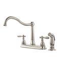 4-Hole Kitchen Faucet with Sidespray and Double Lever Handle in Stainless Steel