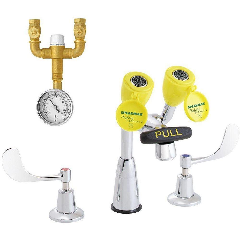 Speakman Polished Chrome Counter Mounted Eyewash Faucet with Thermostatic Mixing Valve, 20lbs 