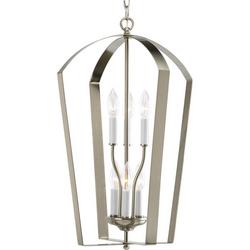 6 Light Foyer Pendant with White Finish Candle Sleeves Brushed Nickel