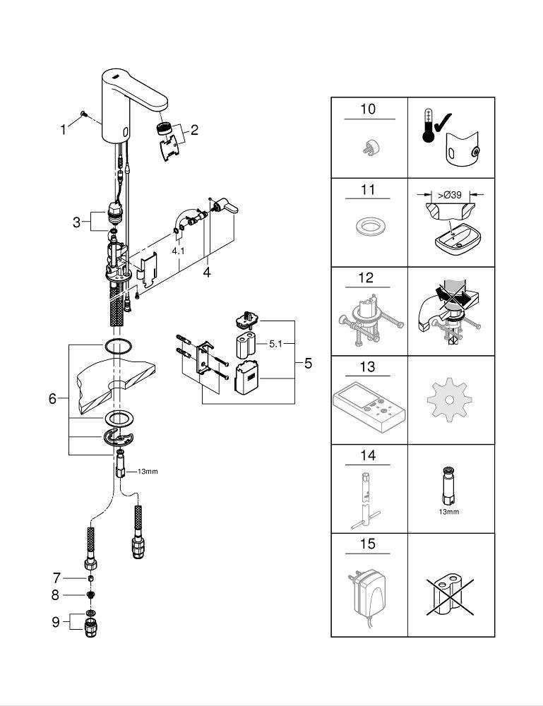 GROHE StarLight&reg; Polished Chrome No Handle Sensor Bathroom Sink Faucet with Temperature Control Lever 