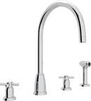 4-Hole Double Cross Handle Column Spout Kitchen Faucet with Sidespray in Polished Chrome