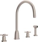 4-Hole Double Cross Handle Column Spout Kitchen Faucet with Sidespray in Satin Nickel