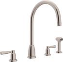 4-Hole Double Lever Handle Column Spout Kitchen Faucet with Sidespray in Satin Nickel