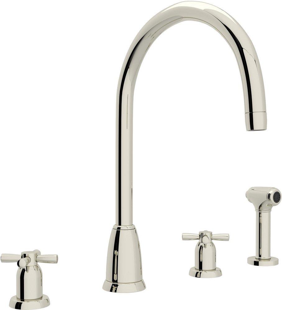 ROHL&reg; Polished Nickel 4-Hole Double Cross Handle Column Spout Kitchen Faucet with Sidespray 